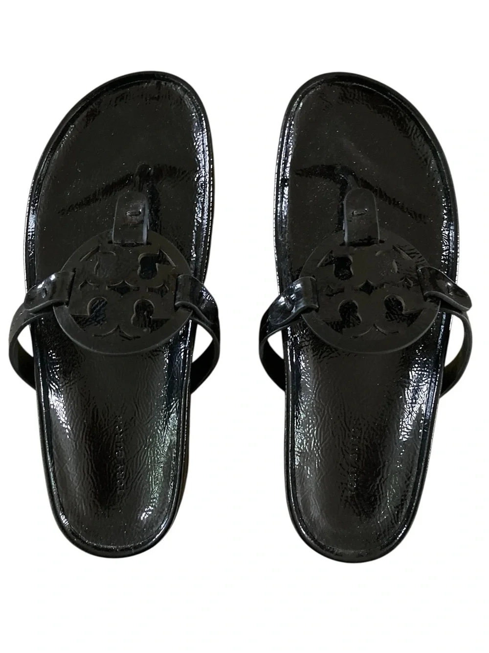 Tory Burch Miller Cloud Lug Sandal NWT Black Patent Leather Logo Cutout Slide